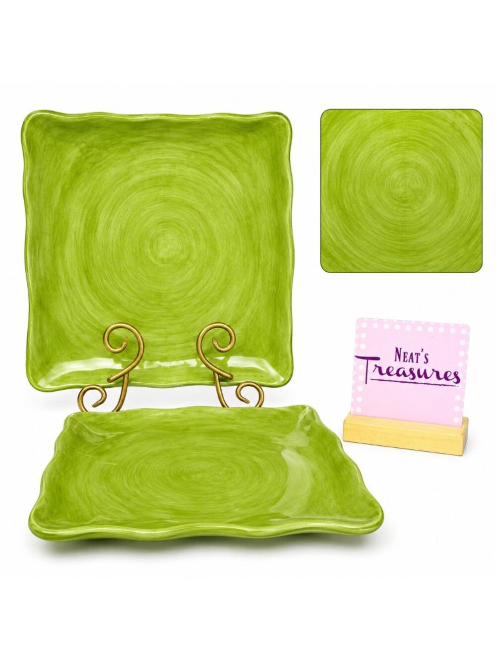 Tabletops CAMPAGNOLO SPEARMINT  Green Hand Painted Ceramic Dinner Plates Set 2